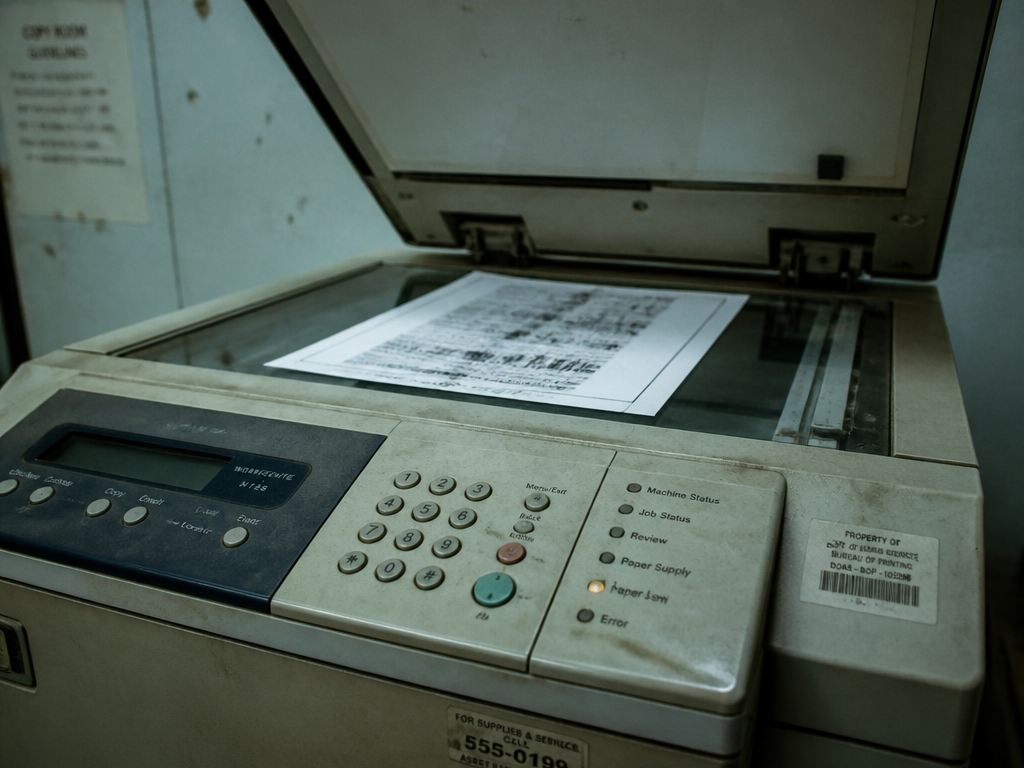 A close-up photorealistic photograph of an aging office photocopier in a dimly lit government…