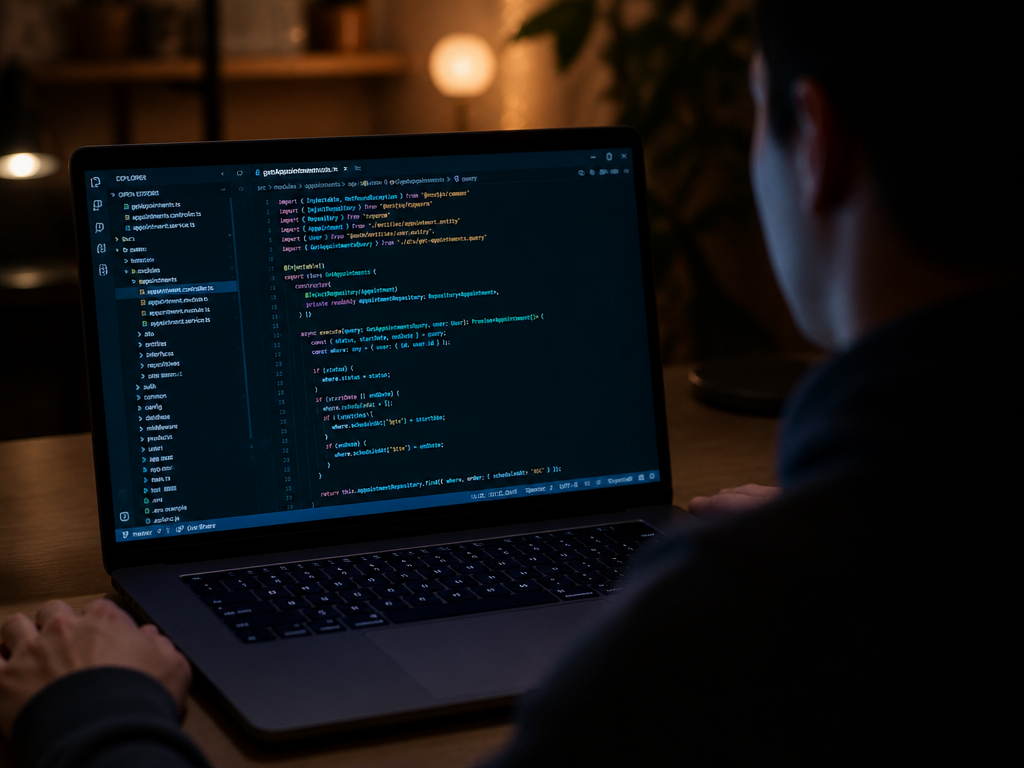 A close-up over-the-shoulder photograph of a software developer sitting at a dimly lit home…