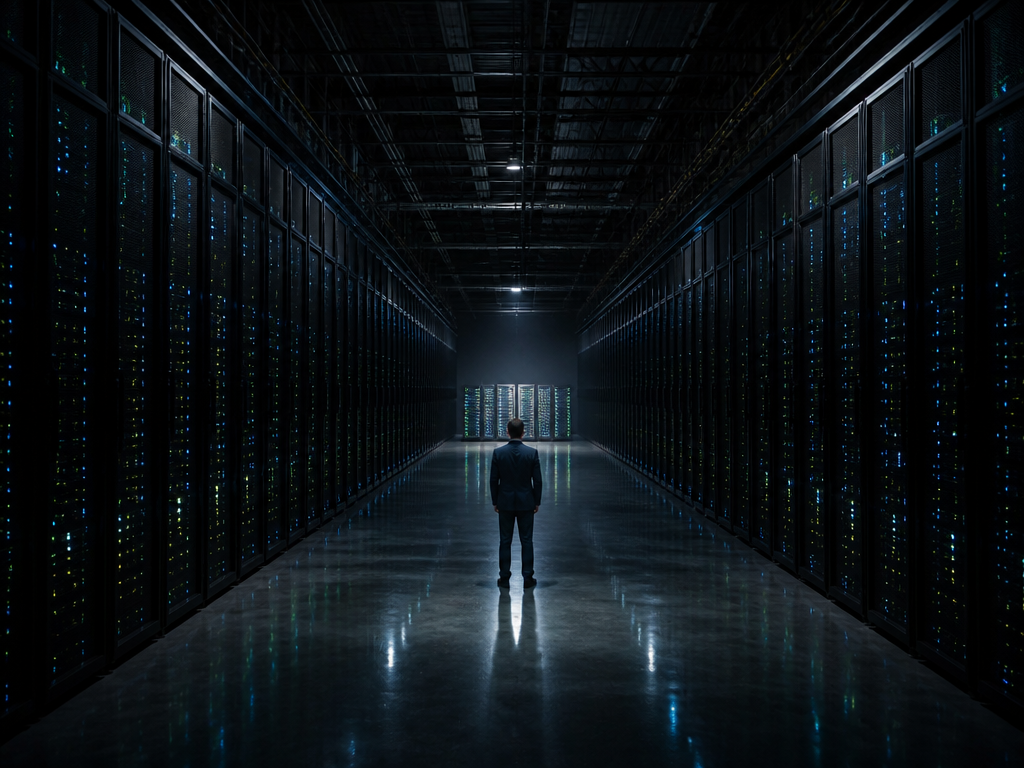 Wide-angle photorealistic photograph inside a vast, dim data center corridor lined with towering server…