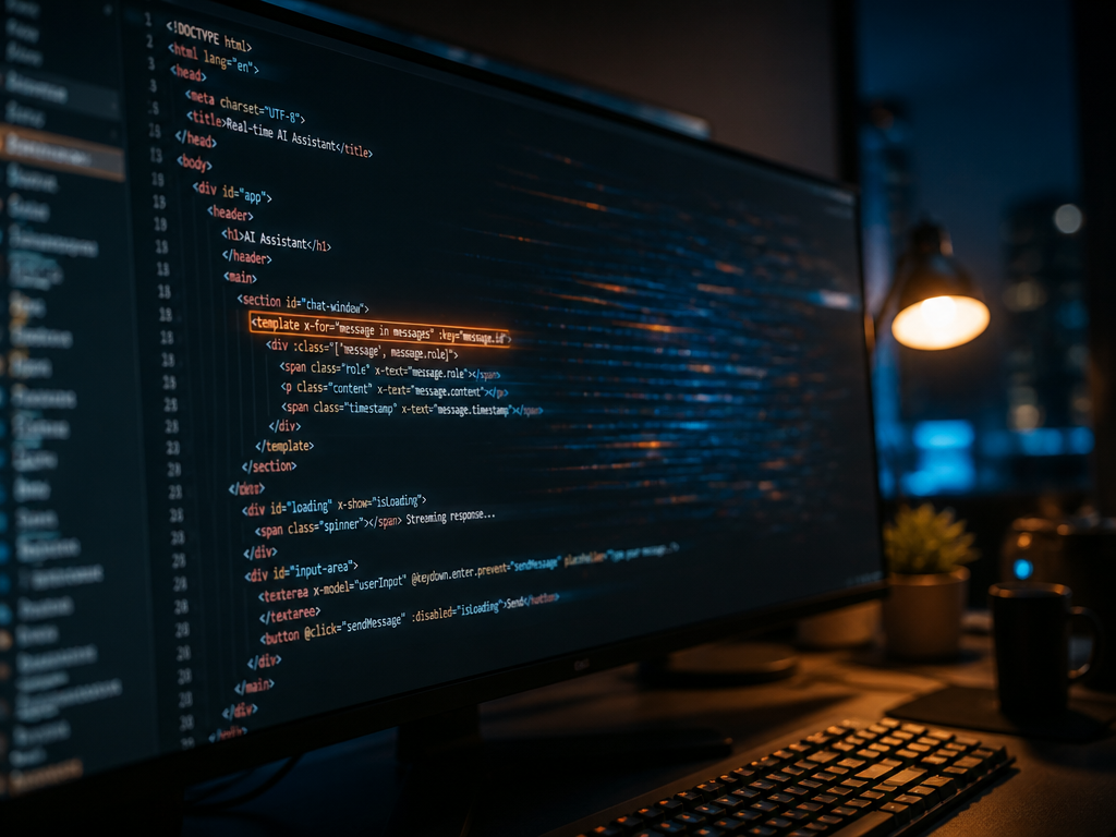 A close-up photorealistic photograph of a modern developer's workspace at night, dominated by a…