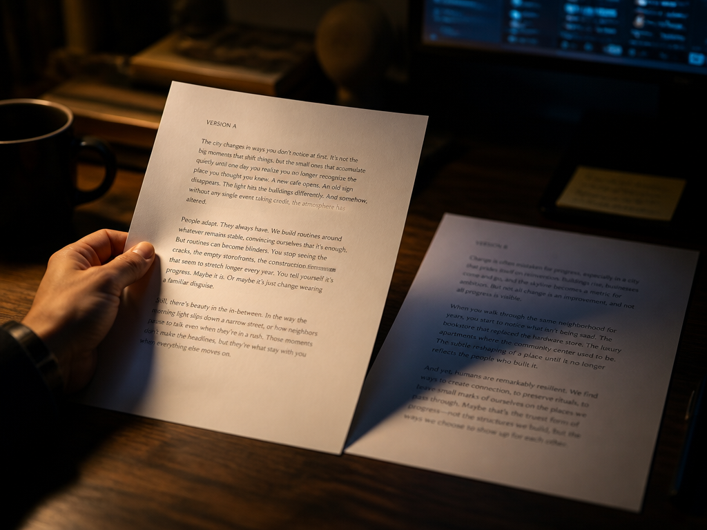 A close-up editorial desk scene shot from a slightly elevated angle: two printed paragraphs…