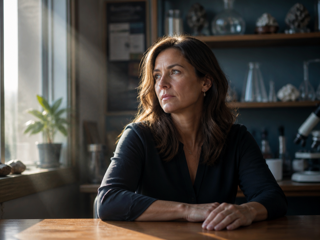 A contemplative young woman in her mid-thirties sitting alone at a wooden desk near…