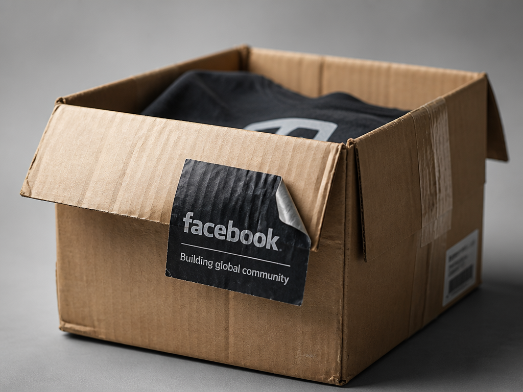 A close-up product-photography shot of a worn cardboard shipping box sitting on a neutral…