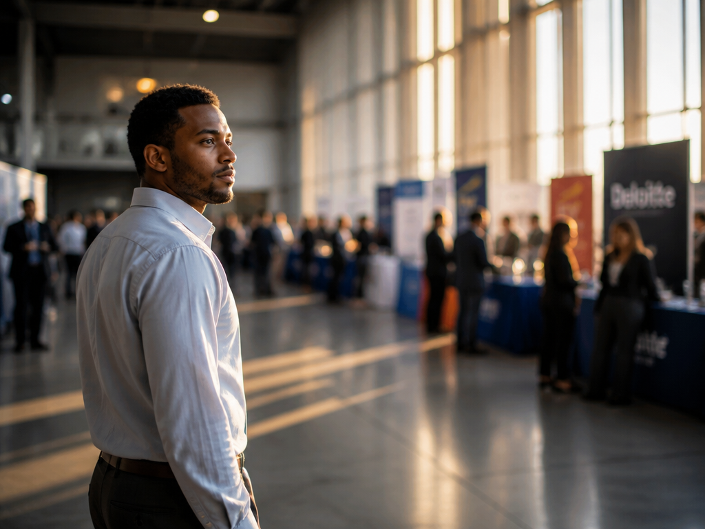 A contemplative young Black professional in their mid-thirties standing alone at the edge of…