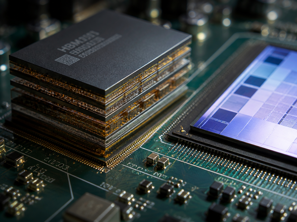Extreme macro photograph of a high-bandwidth memory stack mounted beside a large silicon processor…