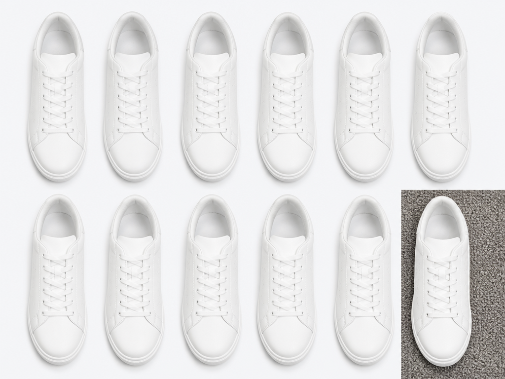 A meticulously arranged flat-lay of a dozen identical white sneakers on a seamless pure-white…