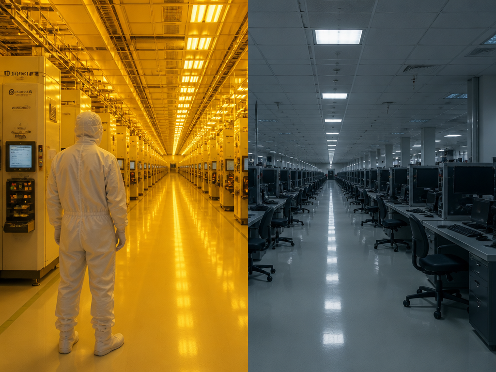 A split-screen composition inside a modern semiconductor fabrication plant: on one side, a lone…