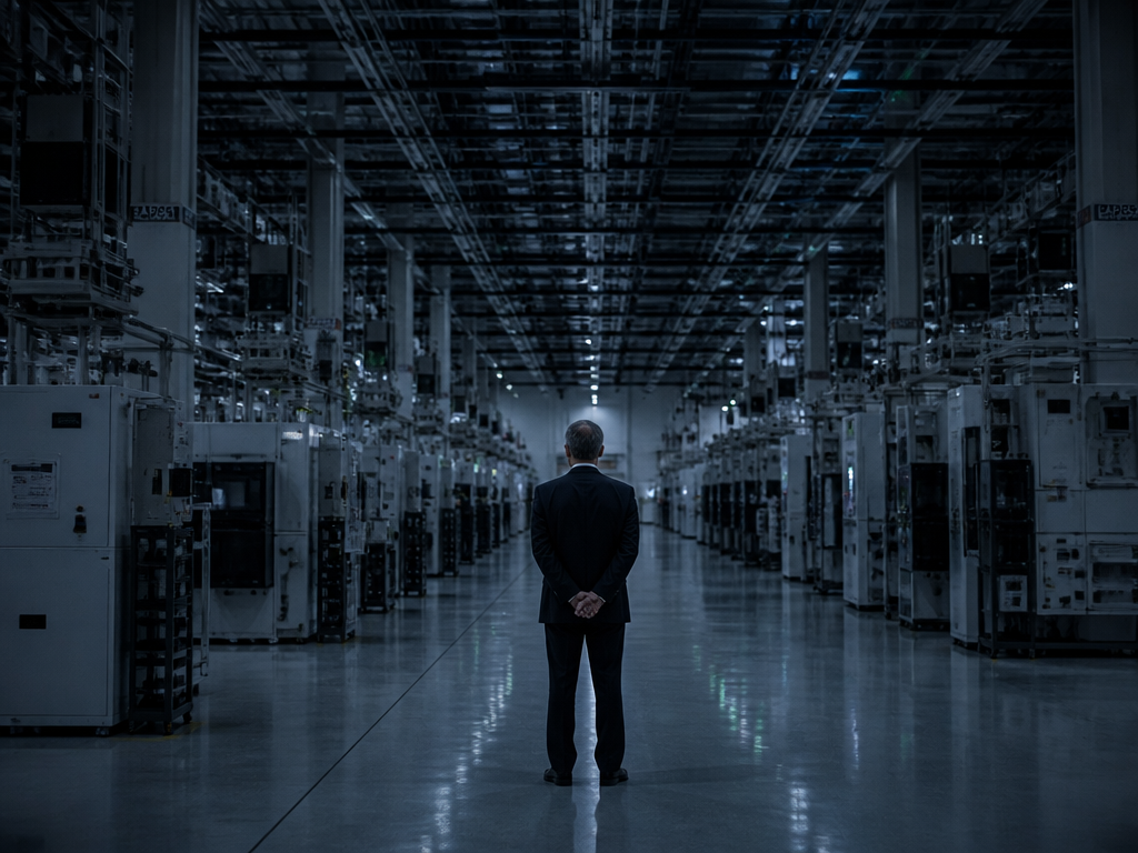 A photorealistic corporate photograph inside a vast, dimly lit semiconductor fabrication facility, rows of…