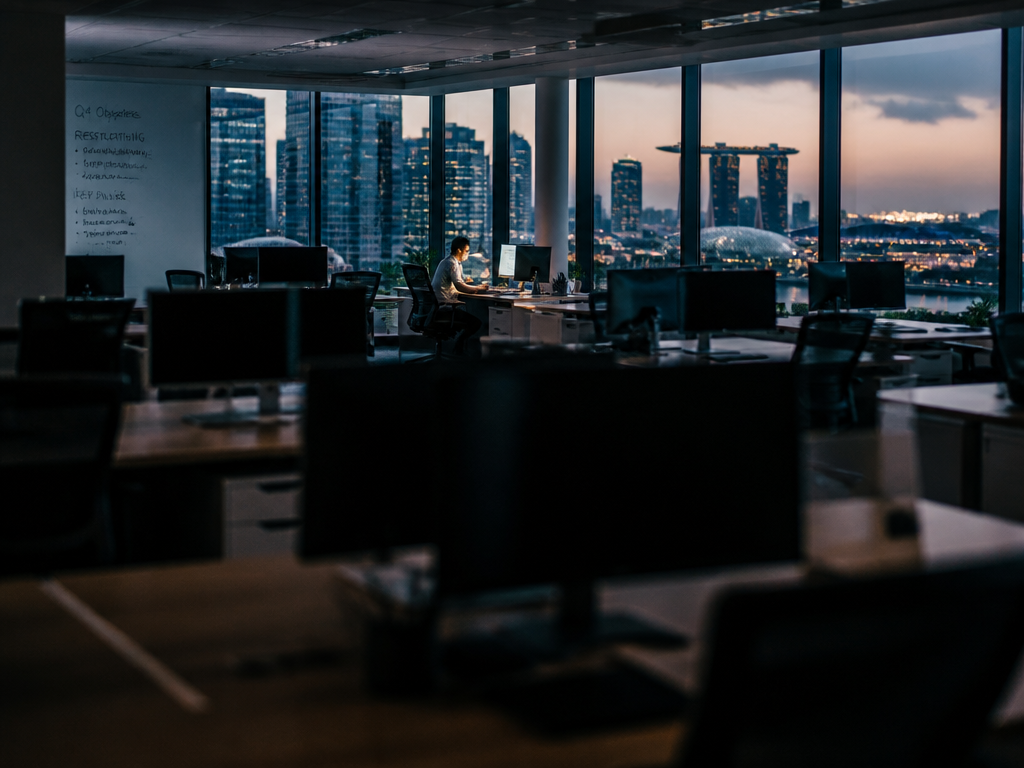 A high-angle photorealistic photograph of a nearly empty modern open-plan tech office in Singapore…