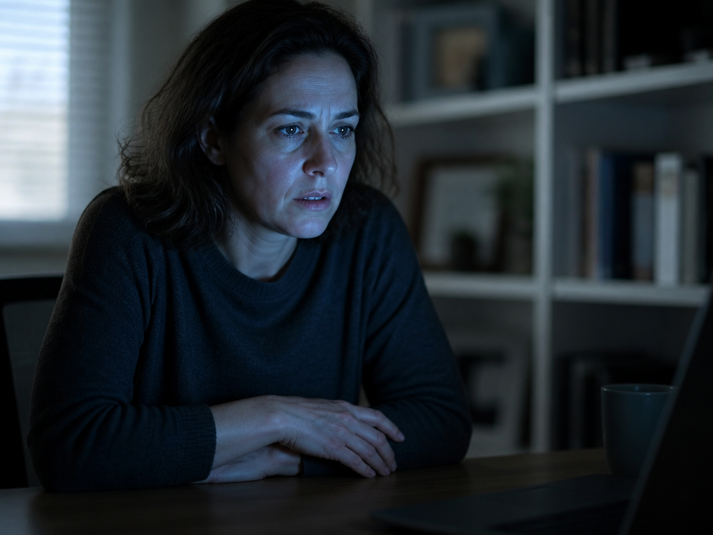 A photorealistic close-up of a mid-career woman seated alone at a home office desk…