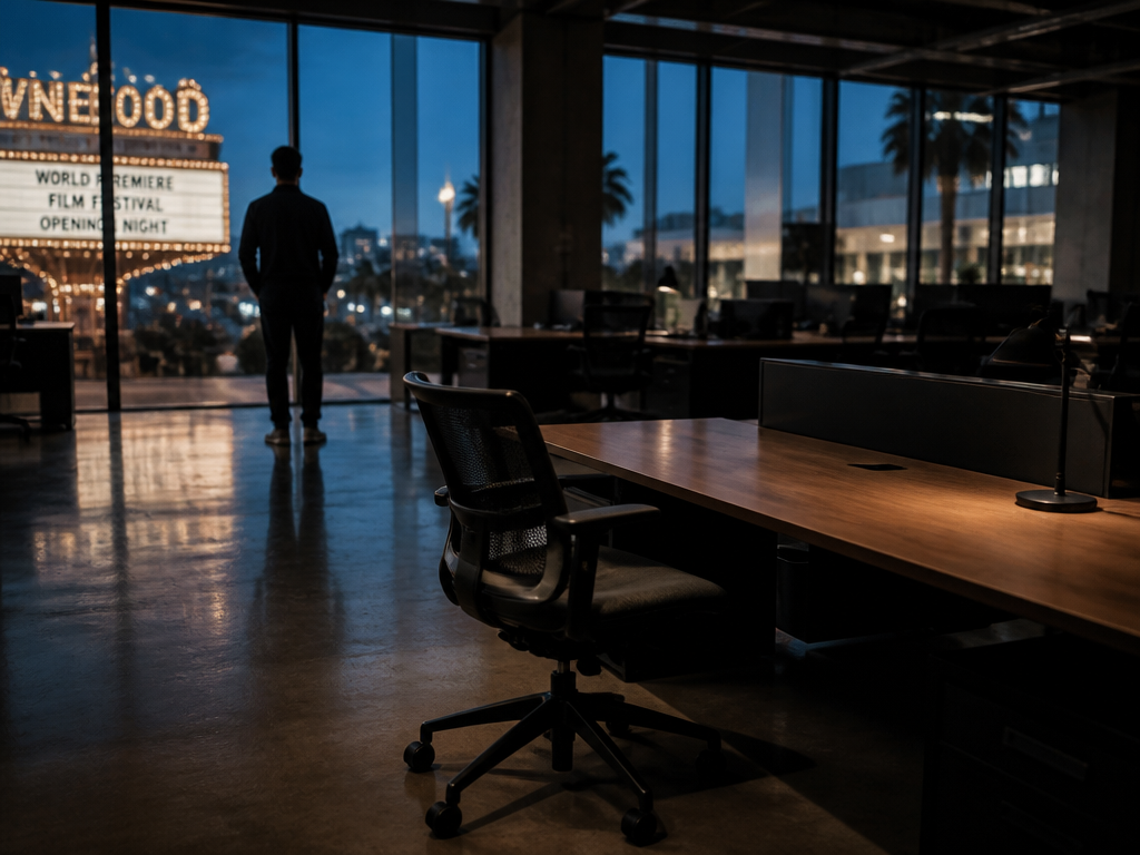 A photorealistic wide-angle photograph of a nearly empty open-plan film studio office at dusk…
