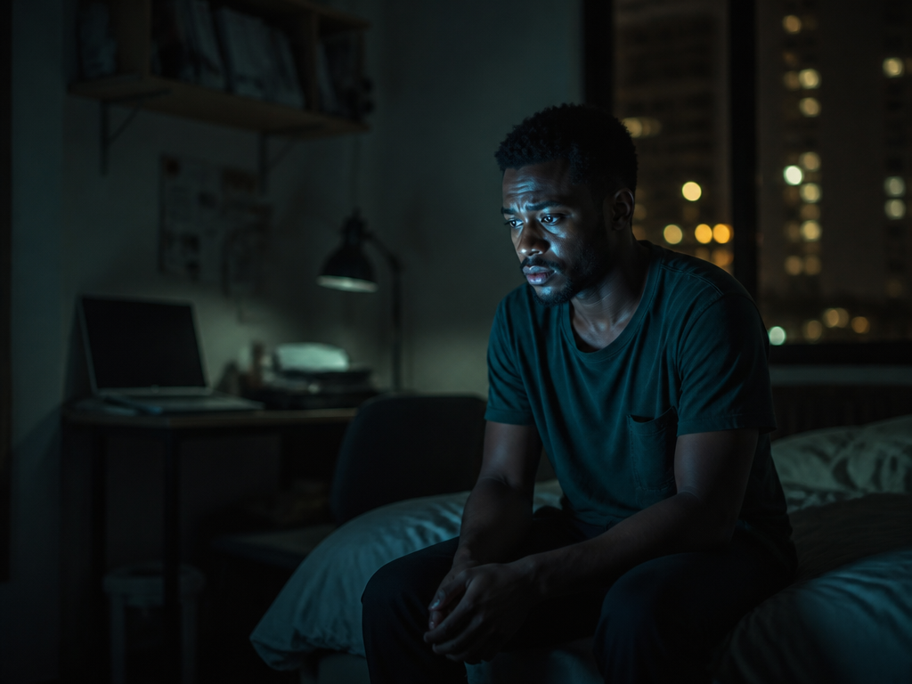 A photorealistic editorial photograph of a lone young African tech worker sitting on the…