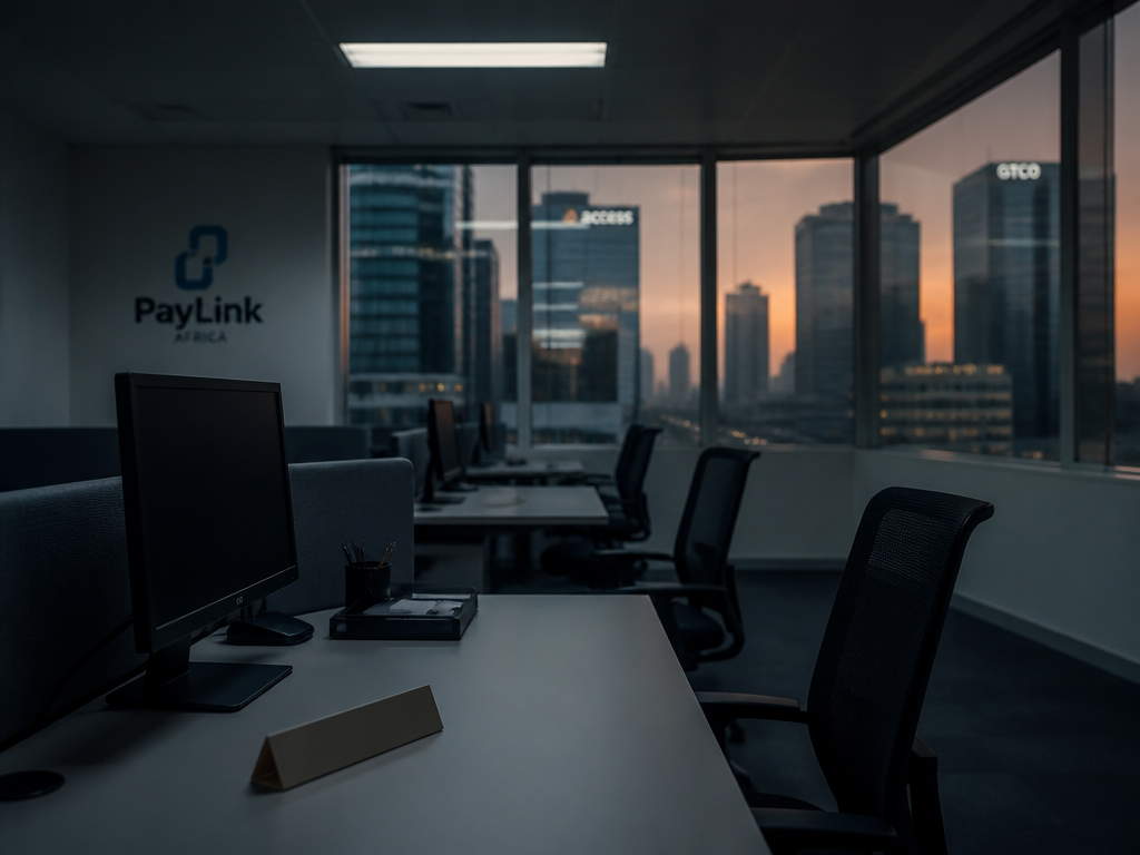A wide, quiet shot inside a modern African fintech office at dusk in Lagos…