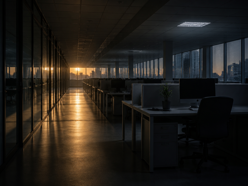 A photorealistic wide shot of a modern glass-walled office corridor at dusk, rows of…