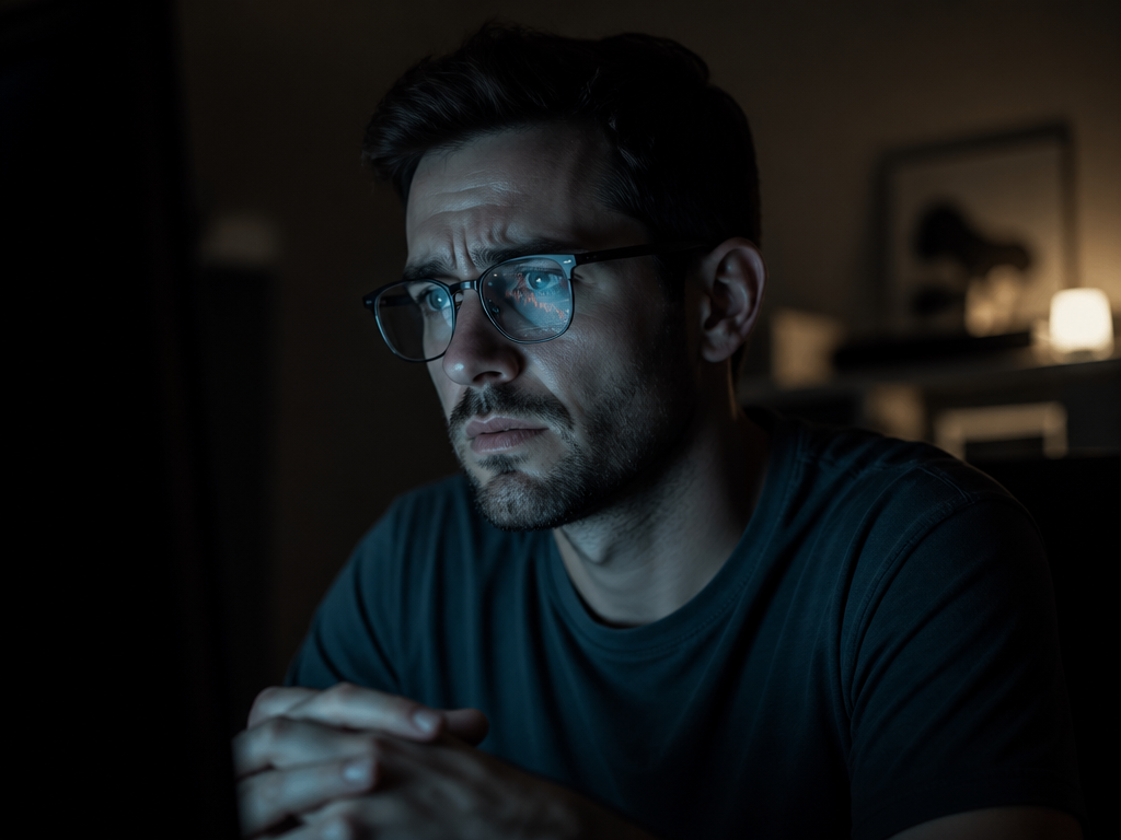 A photorealistic close-up portrait of a young man in his early thirties sitting alone…