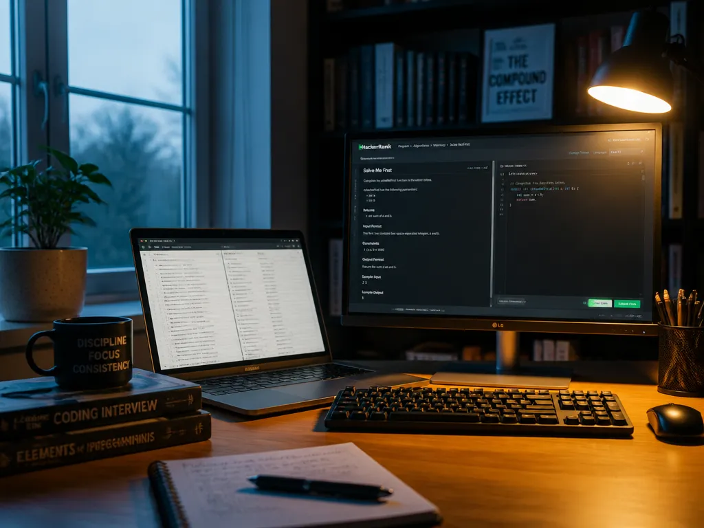 A photorealistic wide-angle photo of a modern home office at dawn, shot on a…