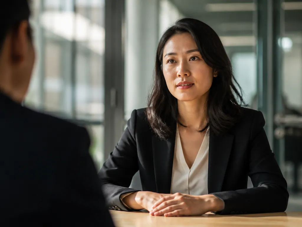 A photorealistic close-up portrait of a composed job candidate sitting across a small table…