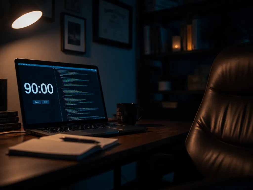 A tightly framed photorealistic photograph of a modern desk in a dim home office…