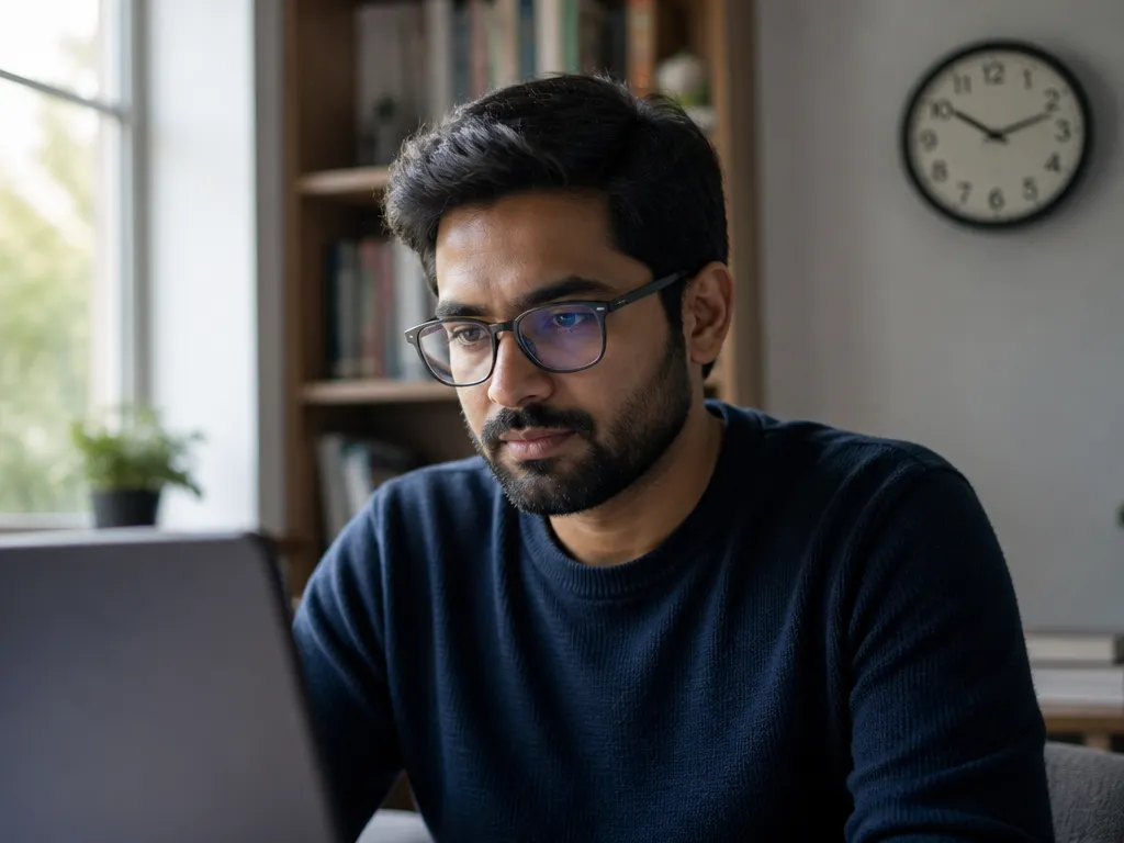 A photorealistic close-up photograph of a software engineer seated at a minimalist desk in…