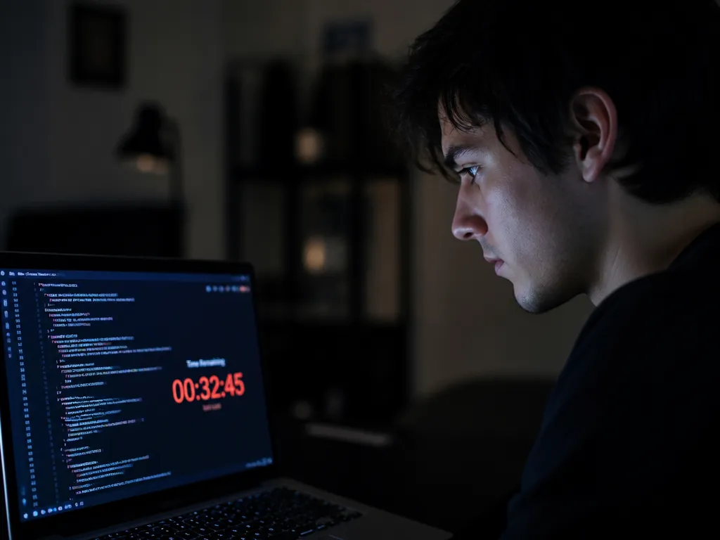 A close-up over-the-shoulder photograph of a young software engineer seated alone at a minimalist…