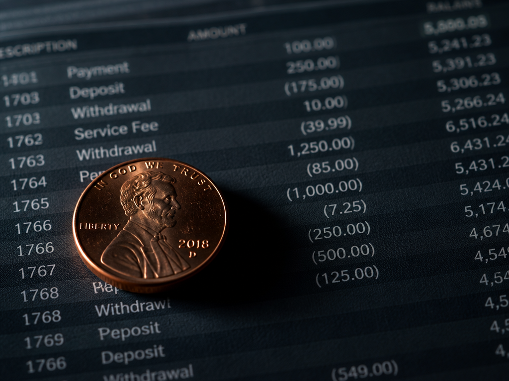 A close-up macro photograph of a single shiny copper penny resting on a dark…