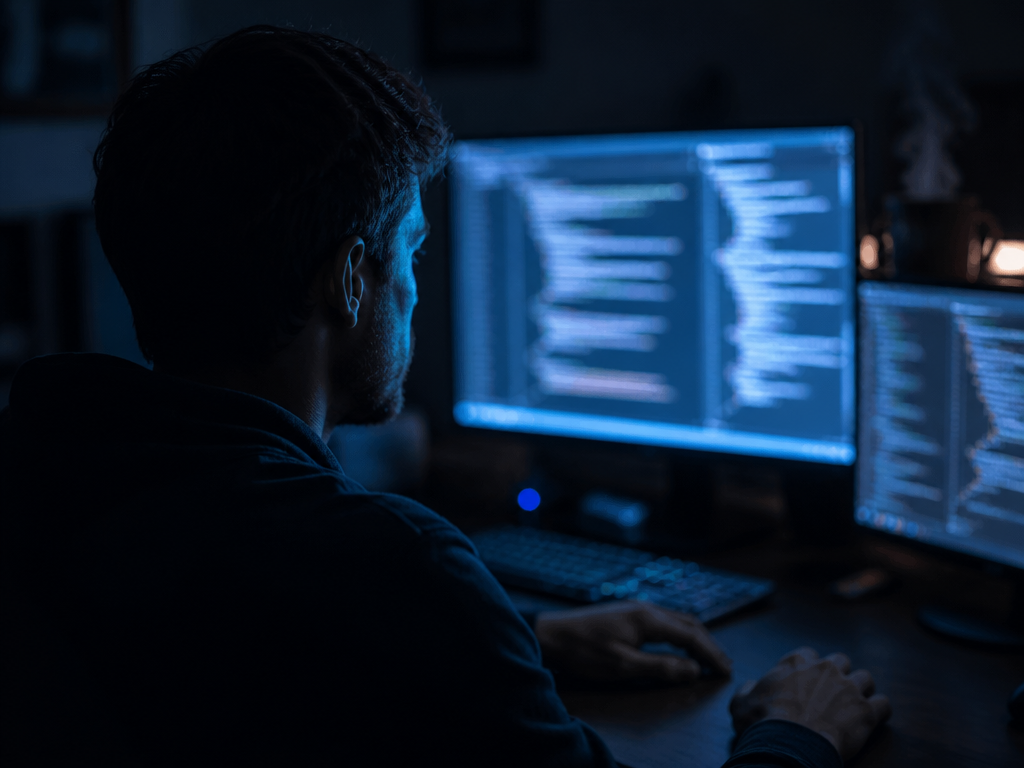 An over-the-shoulder photograph of a developer sitting at a darkened desk late at night…