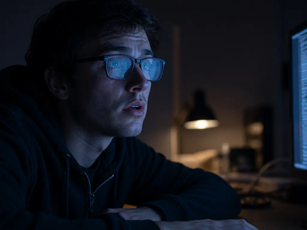 A close-up photograph of a young software developer seated at a dim home-office desk…