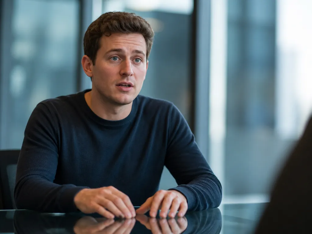 A photorealistic close-up portrait of a young software engineer seated across a sleek glass…