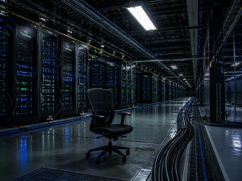 A wide-angle photojournalistic photograph shot inside a cavernous data center at night, endless rows…