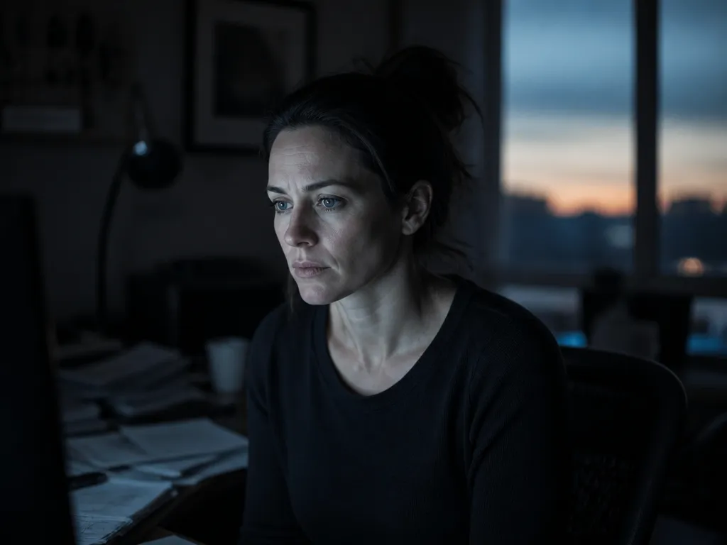 A photorealistic close-up of a woman in her early thirties sitting alone at a…