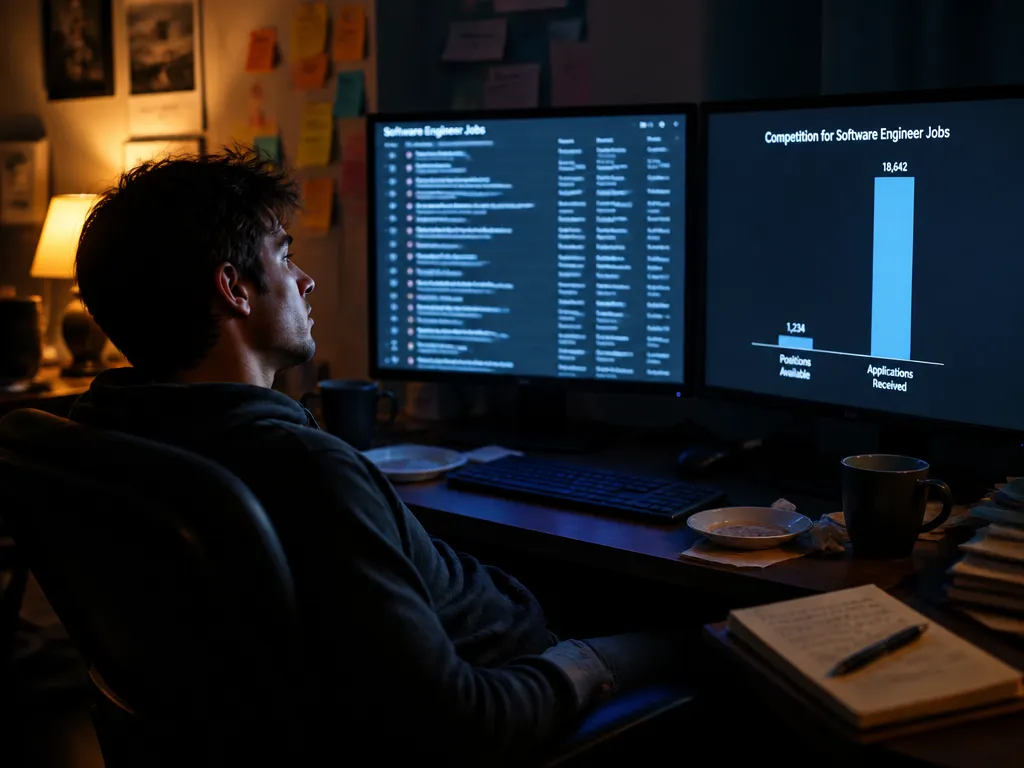A photorealistic wide-angle photograph of a lone software engineer seated at a desk late…