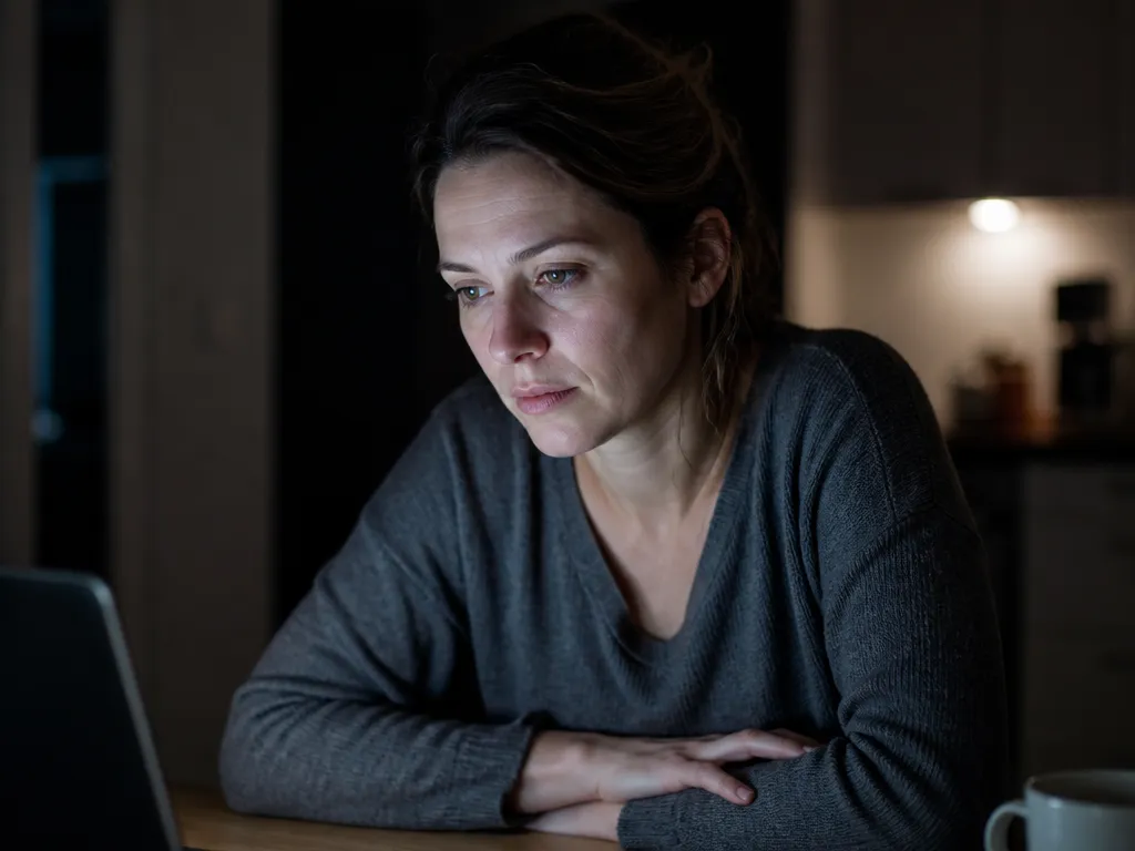 A photorealistic close-up portrait of a woman in her thirties seated in a dim…