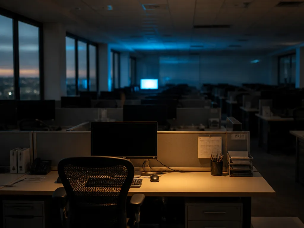 A photorealistic wide-angle photograph of an empty open-plan customer support office at dusk, rows…