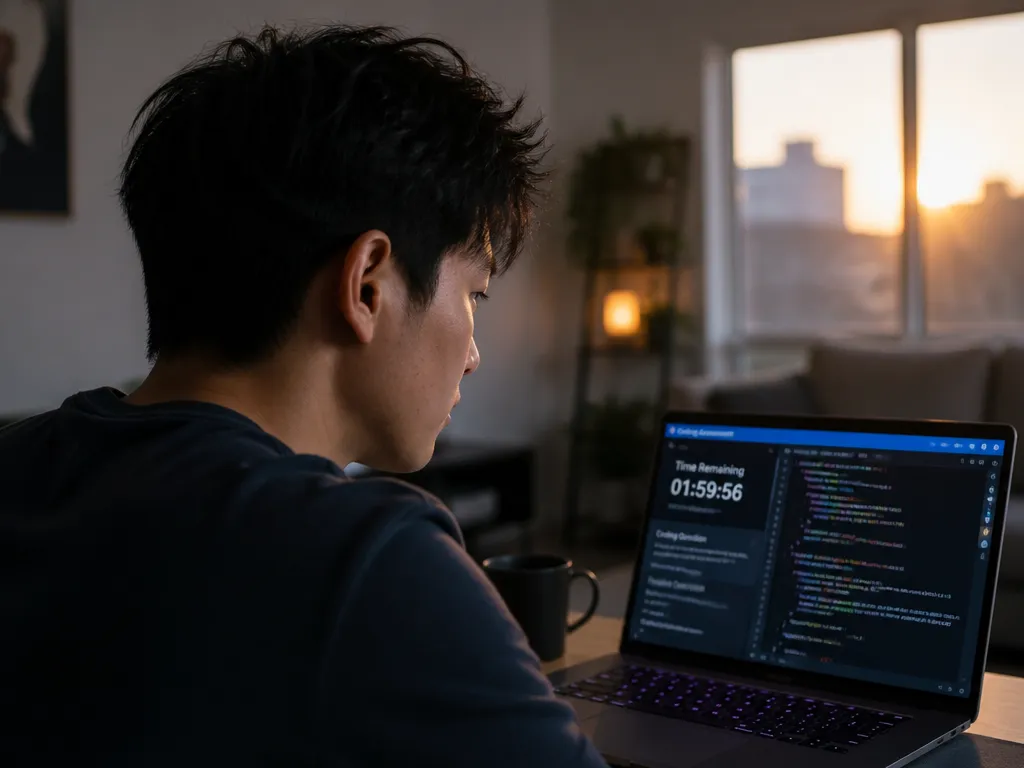 A close-up over-the-shoulder photograph of a young software engineer seated at a minimalist home…