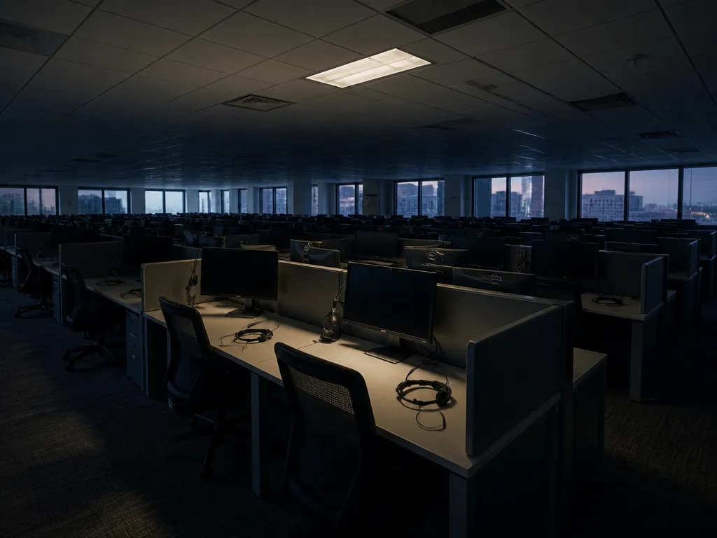 A photorealistic wide-angle photograph of an empty modern call-centre floor at dusk, rows of…