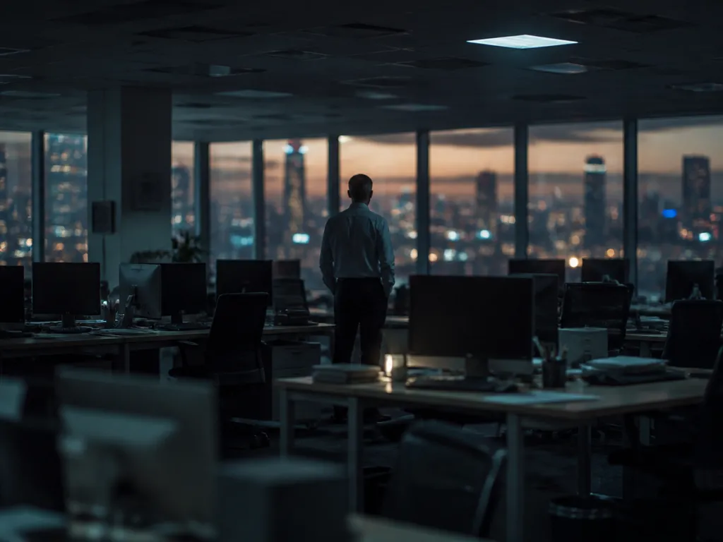 A photorealistic editorial photograph of a nearly empty open-plan office at dusk, rows of…