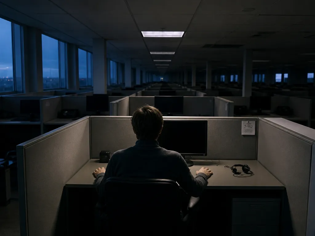 A photorealistic wide editorial photograph of a dim, half-emptied corporate call centre at dusk…