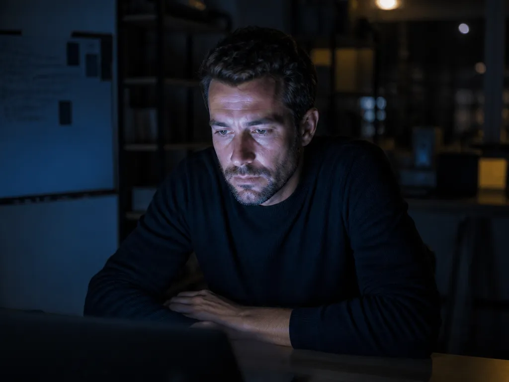 A photorealistic editorial photograph of a person sitting alone at a dimly lit home…