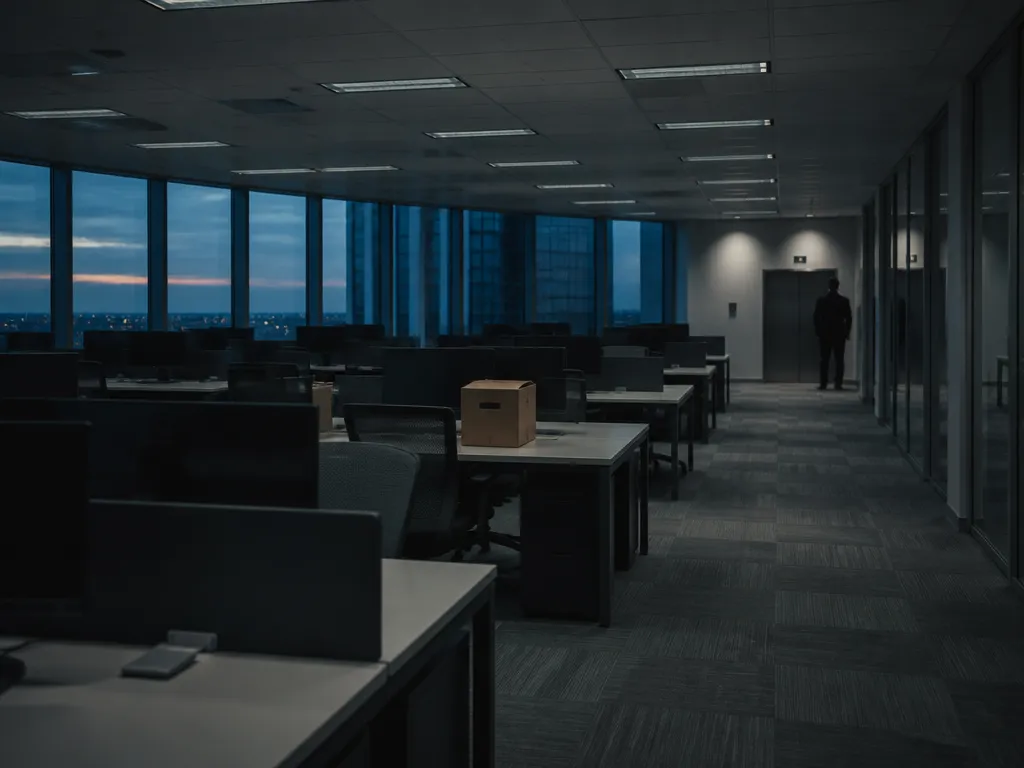 A photorealistic wide shot of an empty open-plan office at dusk, rows of vacant…