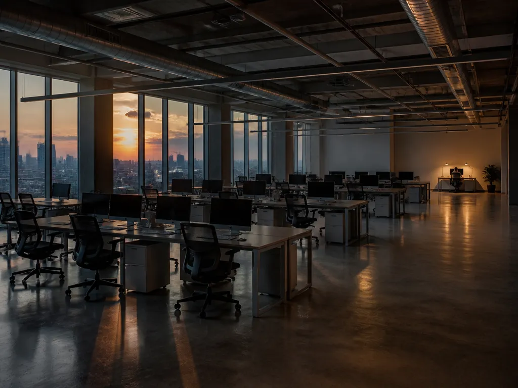 A vast half-empty open-plan office at dusk, rows of vacant desks with empty ergonomic…