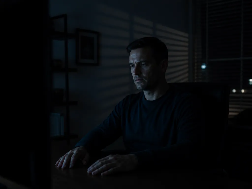 A dimly lit home office at 2 a.m., a single person seated at a…