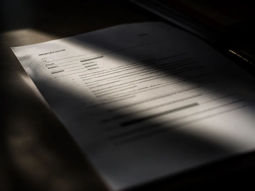 A tight, moody photograph of a printed memo lying on a bare desk under…