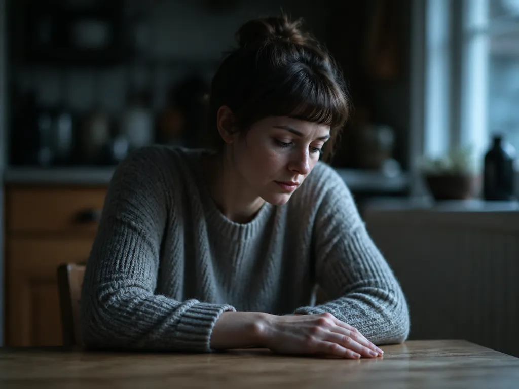 A close-up editorial photograph of a person sitting alone at a kitchen table in…