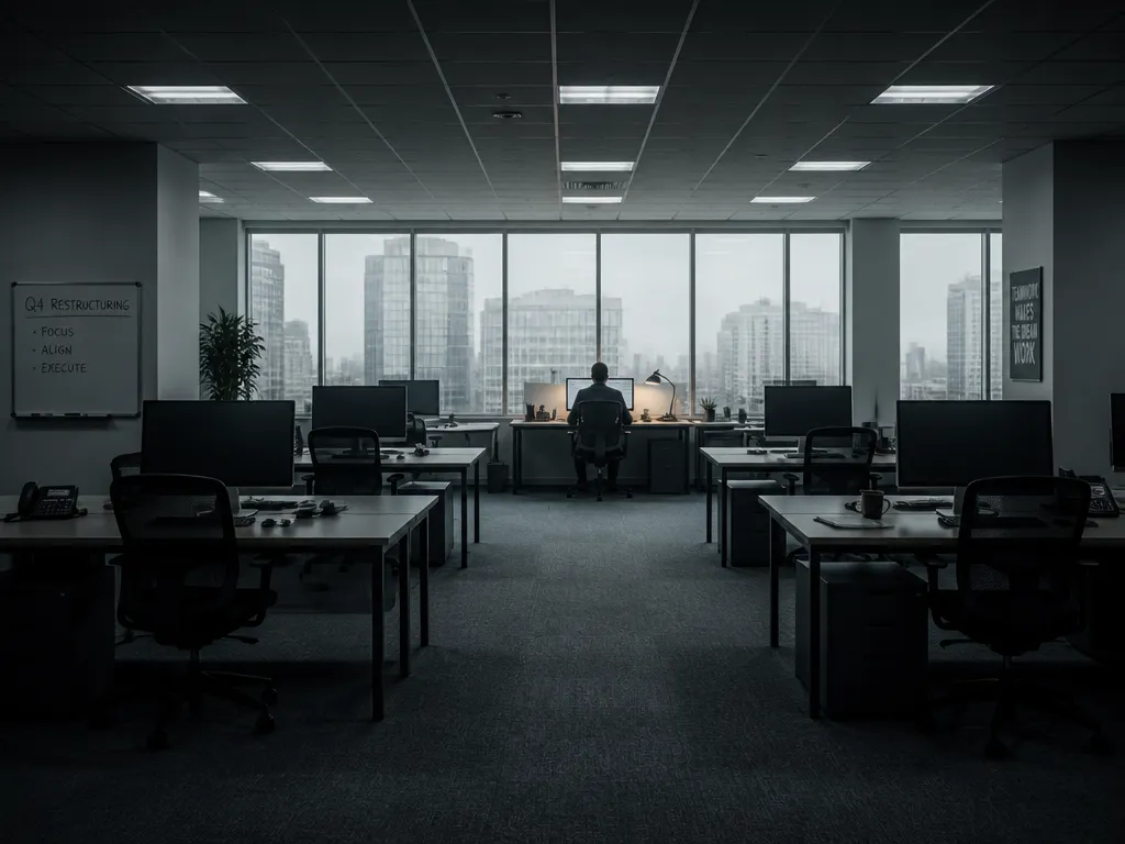 A wide, cinematic office photograph of a nearly empty open-plan workspace, five vacant desks…