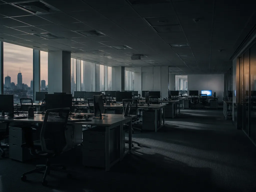 A wide, quiet corporate office photographed at dusk, half the overhead fluorescent panels switched…