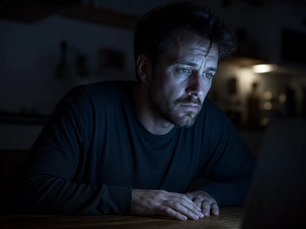 A close-up photorealistic portrait of a person in their thirties sitting alone at a…