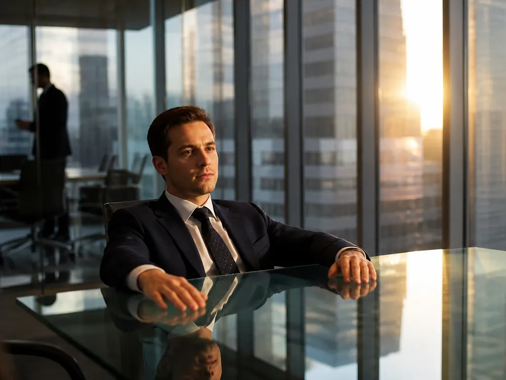 A photorealistic wide shot of a young professional seated alone at a sleek glass…