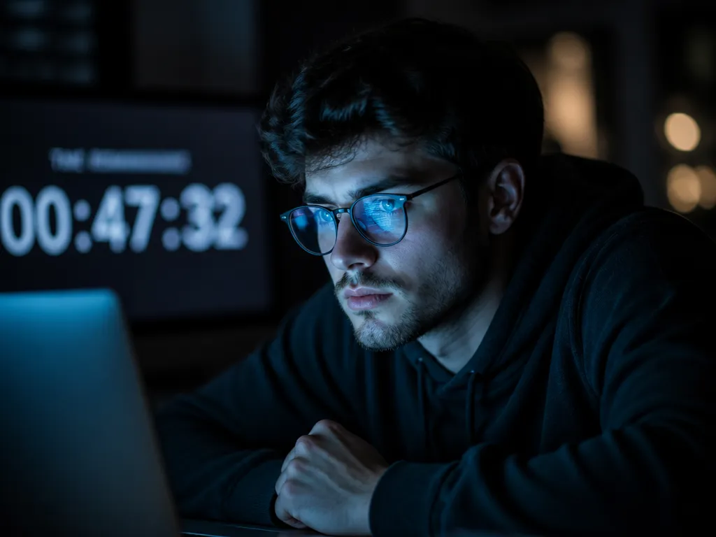 A close-up photograph of a young software engineer seated at a dimly lit desk…