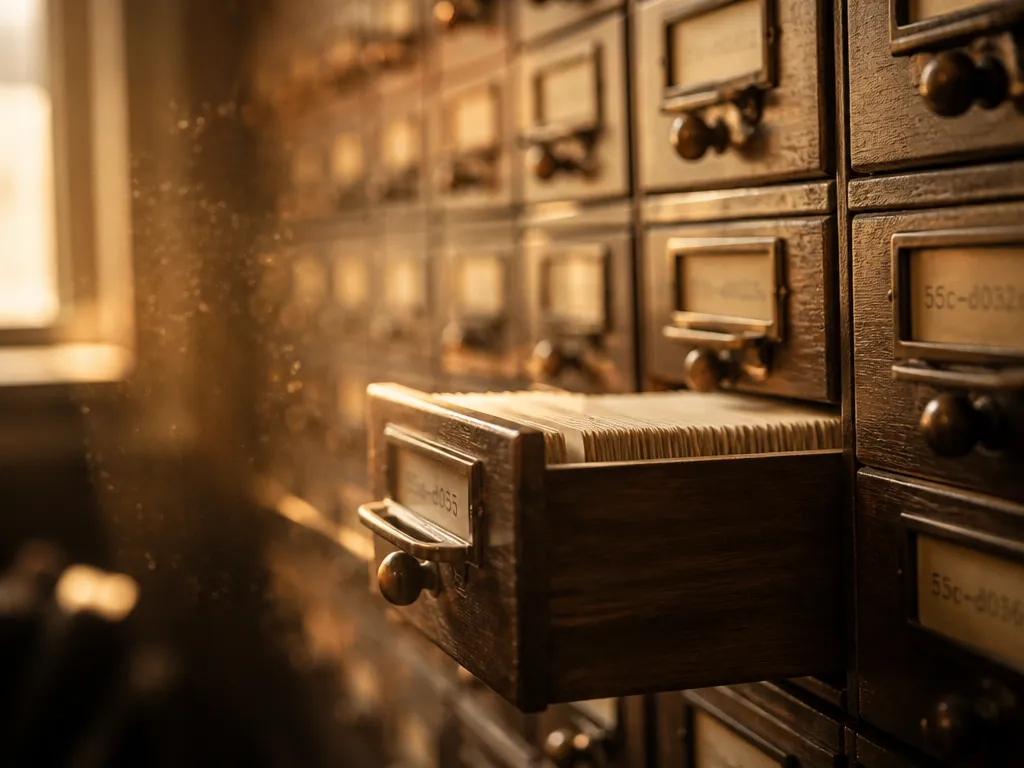 A photorealistic macro photograph of an old wooden library card catalog, dozens of small…