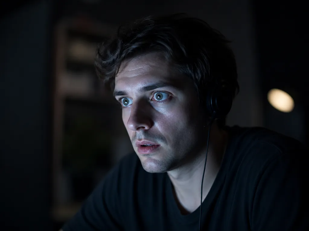 A photorealistic close-up of a young software developer sitting alone at a dark desk…